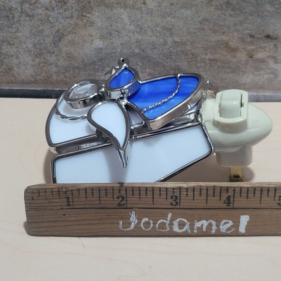 Stained Glass Angel Plug In Nightlight Blue White Silver Plate Finish - Picture 9 of 14